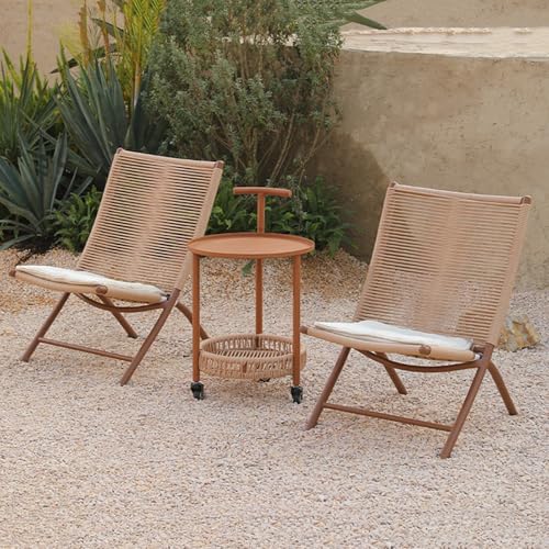 Labasuan 3-Piece Outdoor Bistro Set, Foldable PE Rattan Chairs with Cushions & Rolling Side Table, All-Weather Patio Furniture for Porch, Backyard, Garden, Indoor, Beige
