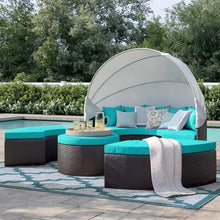 Modway Convene Wicker Rattan Outdoor Patio Retractable Canopy Round Poolside Sectional Sofa Daybed with Cushions in Espresso Turquoise