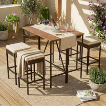 LMAOSS 5 Piece Outdoor Bar Set, Acacia Wood Patio Bar Table with 4 Wicker Stools & Removable Cushions, Folding Space-Saving Dining Set with Adjustable Feet, Outdoor Dining Bistro Set for Backyard Gard
