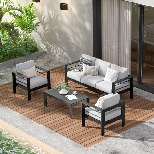 Wisteria Lane Aluminum Outdoor Patio Furniture Set, 5-Seater Sectional Sofa with Coffee Table, Black Frame and Light Grey Cushions