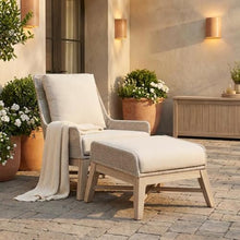 Outdoor Escape White Outdoor Footstool with Solid Teak Base, Intricate Rope Weave, Removable Cushion with Straps for Patio or Deck