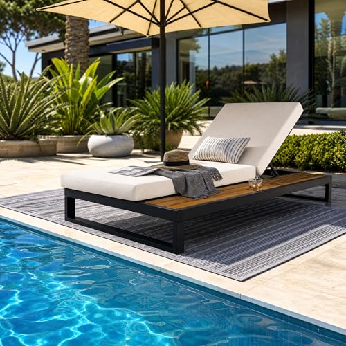 Christopher Knight Home Faye Modern Chaise Lounge Chair Outdoor with 3-Fold 4" Thick Cushion, Adjustable Iron Outdoor Recliner Chair, Pool Lounger with Wooden Side Storage Surface, Teak+Black+Cream