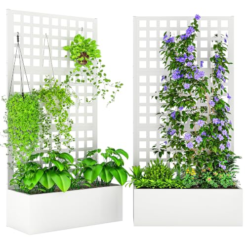 Outsunny Galvanized Raised Garden Bed with Trellis 35" x 16" x 70" White
