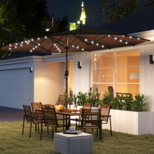 14.8FT Double-Sided Patio Sun Umbrella with 48 Solar LED Lights, Coffee Outdoor Garden Parasol with Vented Double Canopy, 12 Steel Ribs & Crank Operation, Water-Resistant Shade for Patio Backyard