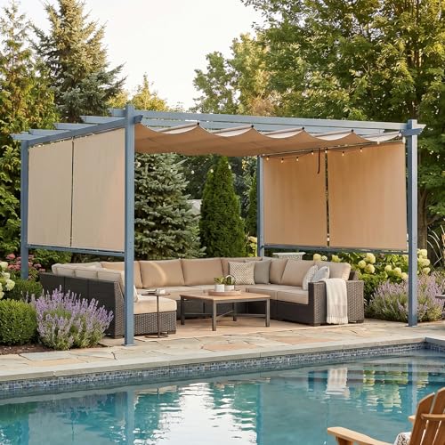 Aoodor 10 x 13 ft Outdoor Pergola with Retractable Shade Canopy, Brown