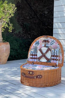 Handmade Wicker Picnic Basket Set for 4 People with Insulated Compartment, Leaf Pattern, Oval Shape 19 x 14.2 x 8.3 inches - Brown and Pink