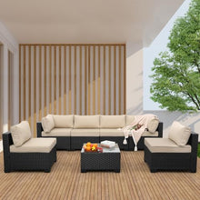Valita 7 Pieces Outdoor Wicker Furniture Conversation Set Patio Sectional Sofa Set Glass Table with Non-Slip Cushions Furniture Cover, Khaki