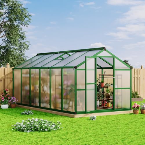 8 x 12ft Polycarbonate Greenhouse for Outdoors – Heavy Duty Aluminum Walk-in Greenhouse with Lockable Door, Adjustable Roof Vent, Quick Setup – Ideal for Garden, Patio, Backyard Planting, Green