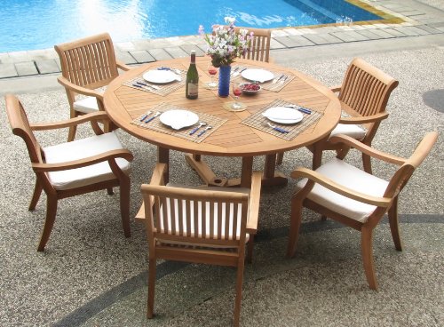 WholesaleTeak 7 Pc Grade-A Teak Dining Set with 60" Round Table and 6 Stacking Chairs