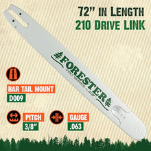 FORESTER 72" Professional Sprocket Nose Chainsaw Bar - 72in Length, 3/8” Pitch, .063 Gauge, D009 Mount - Replacement Chain Saw Parts For Husqvarna, Jonsered, Poulan, Dolmar