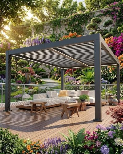 CABIHOME Aluminum Louvered Pergola for Outdoor Patio, Hardtop Gazebo with Adjustable 0°-90° Roof, Integrated Drainage, Reinforced Rust-Resistant Frame for Deck, Lawn, Garden, Gray
