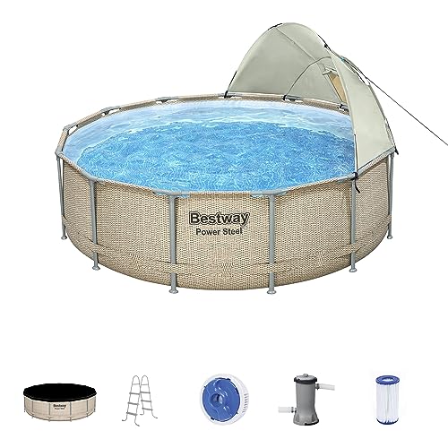 Bestway Power Steel 13' x 42" Round Above Ground Swimming Pool Set with Canopy Brown Wicker Print