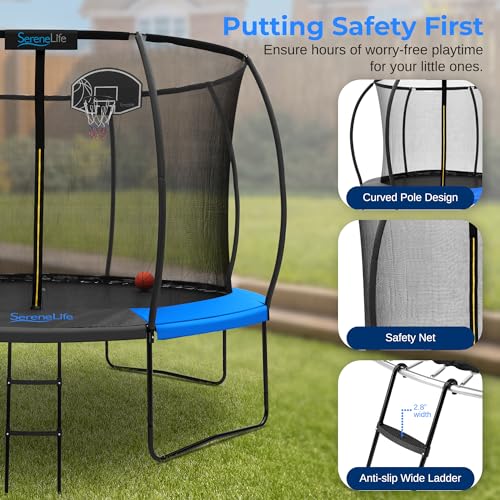 SereneLife 12ft Kids Trampoline with Net & Basketball Hoop Blue