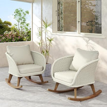 Hassyee Outdoor Solid Wood Rocking Chair w/PE Wicker Accents for Garden, Rustic Wooden Patio Rocker w/Thick Padded Back & Seat for Balcony, Bistro Rocking Armchair for Porch, Deck, Yard (Beige-2pcs)