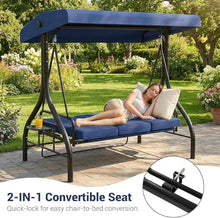 FinerFurnis Adjustable Canopy & Convertible Bed – 3-Seat Outdoor Patio Swing Chair – Thick Cushions, Built-in Cup Holders & Tray, Weather-Resistant Steel Frame, Sturdy for Backyard or Porch – Navy