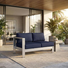 Outdoor Escape Silver Left-Arm Corner Sectional, Outdoor Patio Aluminum Loveseat with Cushions, Weather-Resistant Frame, Modern Design