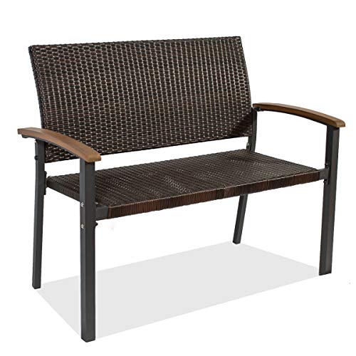 Rattan Patio Garden Bench, Outdoor Wicker Rattan Bench, Rattan Loveseat Set Chair Curved Backrest and Armrest, Ideal for Outdoor, Porch, Patio Furniture Chair w/Rattan Style