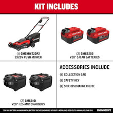 CRAFTSMAN V20 20 in Lawn Mower, 2 x 5Ah Batteries and 2 Chargers Included, High Effeciency Brushless Motor, Push Mower, Up to 50 Min of Runtime, Lightweight, Grass Bag, Low Profile (CMCMW220P2)