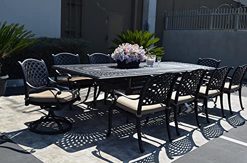 Patio Land Nassau Outdoor Cast Aluminum Powder Coated 11-Piece Dining Set with Extendable 132in Rectangular Dining Table (Olefin Walnut Cushions)