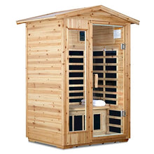 GDFStudio 58.27" 2 Person Outdoor Far Infrared Sauna Old Fir Cabin 1750W 6 Panel Heater 110V/120V Waterproof Exterior Bluetooth Audio LED Lighting Glass Door Home Spa Room