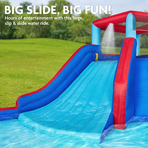 SUNNY & FUN Four Corner Inflatable Water Slide Park with Climbing Wall & Deep Pool Blue/Red