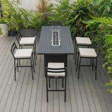 LeisureMod Chelsea Collection Aluminum Outdoor Dining Set with Fire Pit Table and 6 Bar Chairs Beige