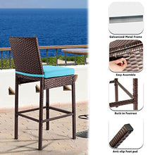 Outdoor Bar Stools Set of 4 with Backs Wicker Counter Height Bar Stools for Patio Armless Tall High Top Chairs for Outside with Footrest Cushion Blue All Weather Brown Rattan