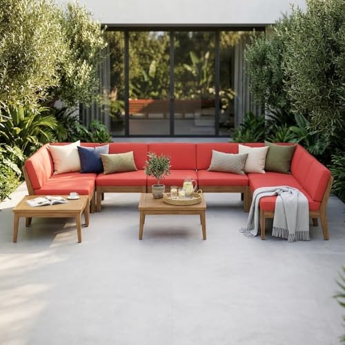 Hassyee Outdoor Acacia Wood Sectional Sofa Set with Red Cushions and Two Coffee Tables for Poolside, Backyard, 8-Seater Patio Furniture Set with Slatted Backrests and Armrests for Lawn
