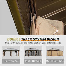 12'x18' Hardtop Gazebo with Mosquito Netting & Privacy Curtains, Outdoor Aluminum Frame Canopy, Galvanized Steel Double Roof, Water Gutter – Permanent Patio Gazebo for Backyard, Lawn Brown