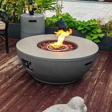 36" Propane Gas Fire Pit Table, 50,000 BTU Round Outdoor Concrete Fire Pit with Lava Rocks & Tabletop Cover for Patio, Deck, Garden & Backyard – Gray with White Accents