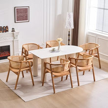 Christopher Knight Home Dashin Rustic Dining Chairs Set of 6, Wooden Dining Chair with Curved Rattan Backrest, Rubberwood Frame Kitchen Chairs with Armrest, Extra Seat for Dining Room, Natural