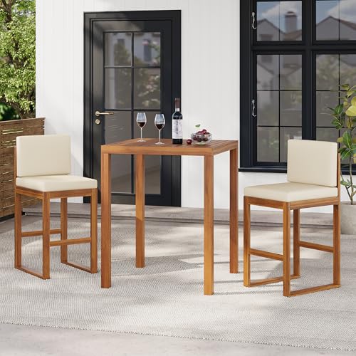 Christopher Knight Home Gree Acacia Wood Patio Bar Table and Chairs Set of 2, 3-Piece Wooden Outdoor Bar Set, Comfy Bar Stools Set of 2 with Bar Height Table, Teak+Beige