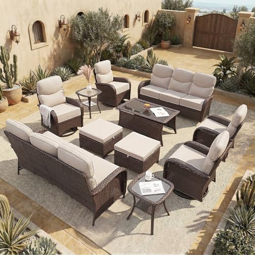AOUKI Patio Furniture Set with Luxury 6" Cushions, 11 Pieces Swivel Rocking High Back Patio Chairs, Couch and Ottoman, Outdoor Wicker Conversation Set for Deck, Porch, Backyard, Poolside, Beige