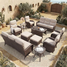AOUKI Patio Furniture Set with Luxury 6" Cushions, 11 Pieces Swivel Rocking High Back Patio Chairs, Couch and Ottoman, Outdoor Wicker Conversation Set for Deck, Porch, Backyard, Poolside, Beige
