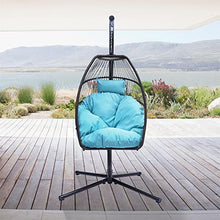 Hanging Rope Swing Seat Patio Wicker Folding Hanging Chair with Cushion and Pillow Rattan Swing Hammock Egg Chair with X Type Base and C Type Bracket for Indoor/Outdoor(Black+Blue)