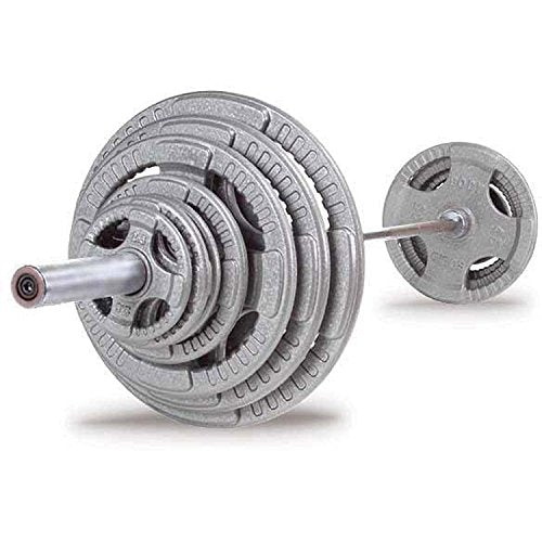 Body-Solid Cast Iron Quad Grip Weight Plate Set with 7 ft Olympic Bar Chrome/Gray