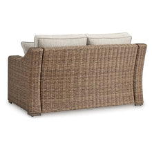 Benzara Tira Outdoor Loveseat, 57 Inch Handwoven Resin Wicker, Beige, Pillows