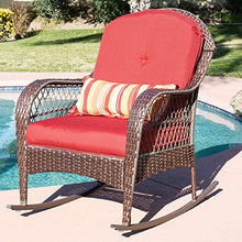 Outdoor Wicker Rocking Chair with Soft Cushions Wide Armrest Tall Backrest Lean Back Relaxing Lounging Comfort Weight Capacity of 250 LBS Great for Any Backyard Patio Porch Lawn Or Garden Use