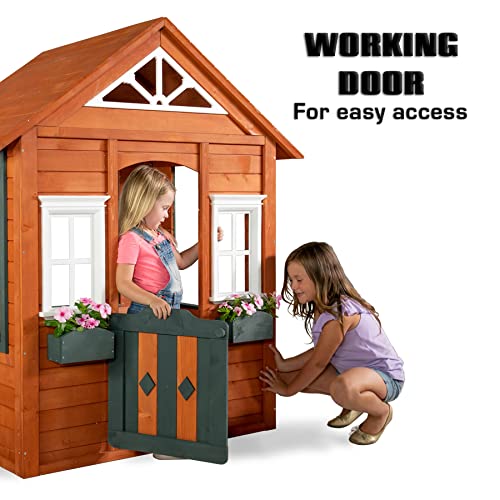 Sportspower Woodbridge Wooden Outdoor Playhouse with Flower Boxes Red