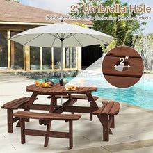 Zevemomo 8 Person Wood Picnic Table, Round Tabletop with Umbrella Hole