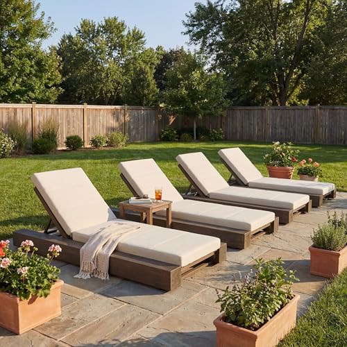 Christopher Knight Home Tory Acacia Wood Chaise Lounge Chair Outdoor Set of 4, Poolside Sun Lounger Recliner, Patio Outdoor Chaise Lounge with Cushions, Adjustable Backrest Lounge Sofa, Grey+Beige