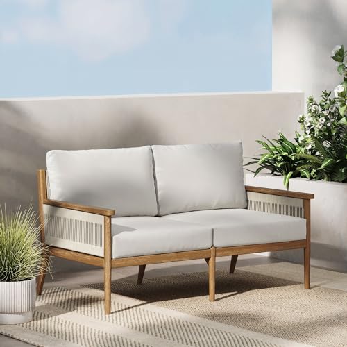 Nathan James Kayden Bohemian Wood Loveseat Sofa Light Brown Wood/Rope/Light Gray