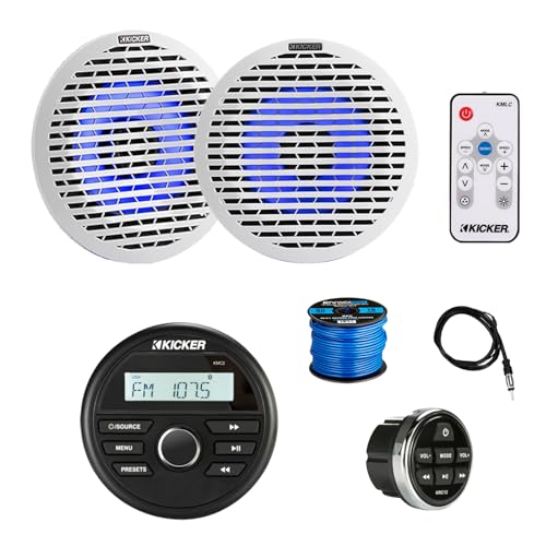 KICKER Marine Gauge Style Bluetooth AM/FM Receiver with 2X 6.5" 130W LED Boat Speakers