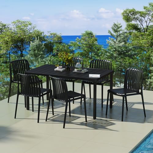 Costaelm 6 Chairs Dining Table Set, Patio Breakfast Coffee Table and Stackable Chairs, Outdoor Dining Set, Modern Backyard Deck Furniture Set for Restaurant, Black