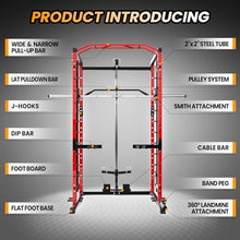 GarveeLife Power Cage SmithBar Rack 1600 LBS with LAT Pulldown & Cable System Red