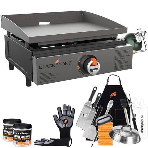 Blackstone 17 Inch Portable Tabletop Griddle 2142 With Stainless Steel Front for Camping and Tailgating, Griddle Accessories, Seasoning, and Gloves