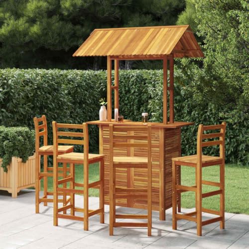 5 Piece Patio Bar Set Solid Acacia Wood Outdoor Bistro Table with Stools