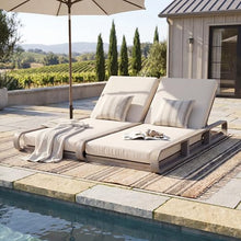 Merax Double Chaise Lounge Chair Outdoor with 4-Position Adjustable Backrest for Each Seat & 2-Fold Cushions, Acacia Wood Pool Sun Lounger for Patio Garden Beach, All-Weather, Cream+Light White