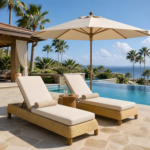 Christopher Knight Home Truta Set of 2 Rattan Chaise Lounge Chair Outdoor with Acacia Wood Legs, Adjustable Backrest Sun Lounger Recliner, Patio Chaise Lounge with Thick Cushion, Beige+Natural