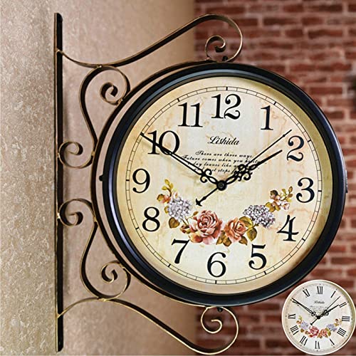 Wall Clock, Outdoor Garden Clocks, Station Clock Double-Sided Hanging Clock Wall Clock Retro Vintage Station Clock,A